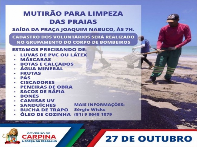Mutirão sairá de Carpina no próximo domingo (27) para auxilar na retirada de óleo em praias pernambucanas