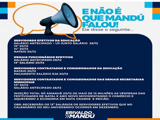 Histrico: Prefeitura de Mata Grande paga 13 a funcionrios contratados e anuncia + benefcios