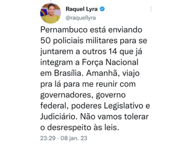 Raquel Lyra vai a Brasília e anuncia envio de PMs para apoiar Força Nacional