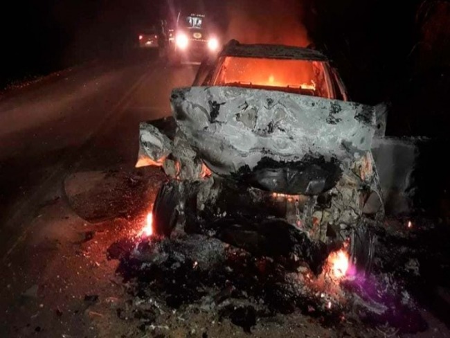 Carros batem de frente aps atropelamento de animal e um deles pega fogo