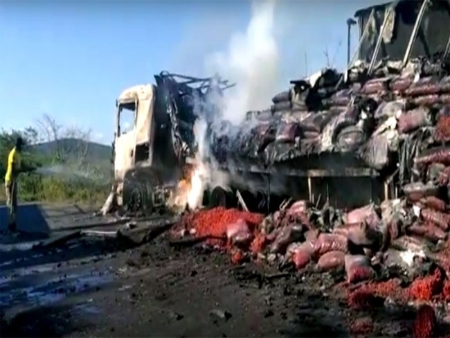 Piritiba: Carreta carregada de morango pega fogo na BA-142 em trecho da regio de Andara; veja vdeos