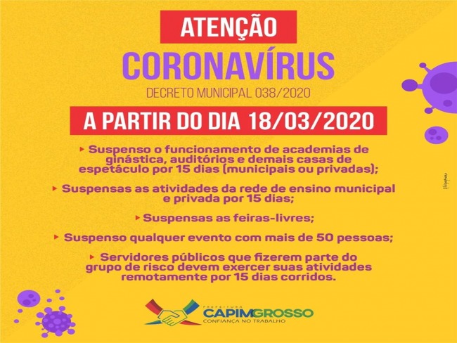 Capim Grosso: Prefeita Lydia decreta suspenso de aulas, feira-livre, cultos, missas e academias de ginstica entre outros, por 15 dias