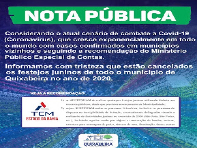Prefeitura de Quixabeira cancela festejos juninos 2020