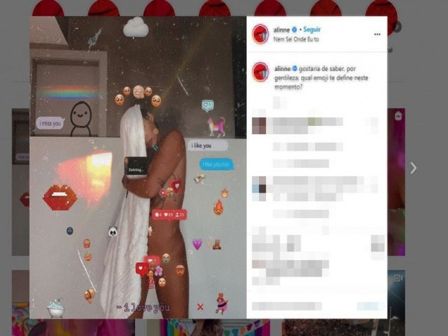 Alinne Rosa posta foto nua nas redes sociais, coberta por figurinhas, e pergunta: 'Qual emoji te define neste momento?'