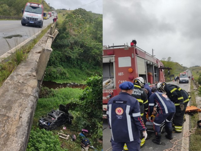 Homem fica ferido aps carro cair de ponte de 20 metros na Bahia