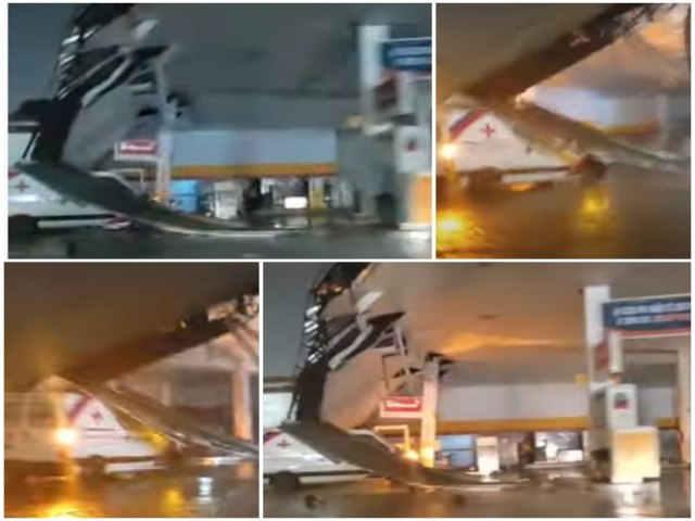 Chuva intensa causa estragos e teto de posto de gasolina cai sobre ambulncia em Petrolina. Veja o vdeo