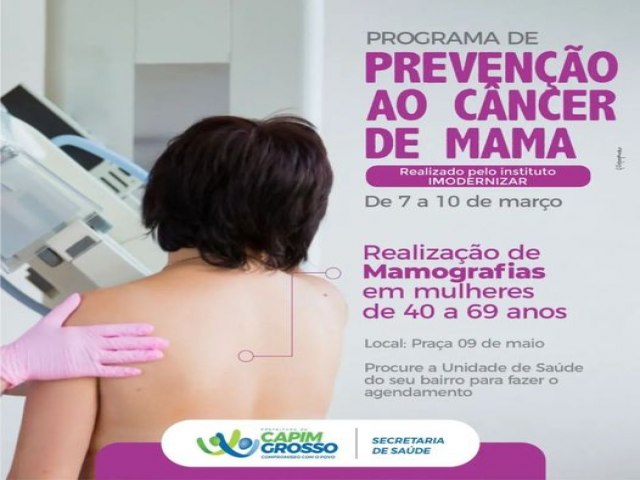Capim Grosso: Sec. de Sade em parceria com o Instituto Imodernizar, vai ofertar 300 mamografias