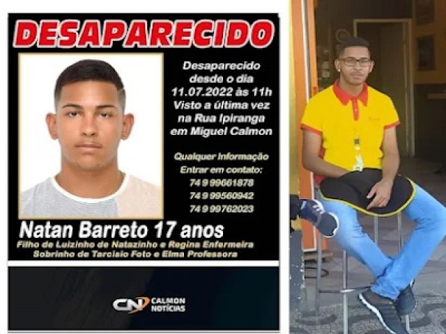 Miguel Calmon: Jovem de 17 anos est desaparecido desde o dia 11 de julho