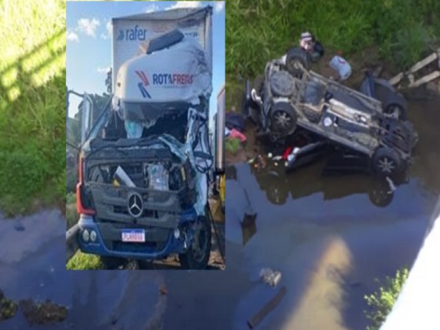 Carro com trs pessoas despenca de ponte, aps motorista tentar evitar acidente com ciclista e colidir com carreta