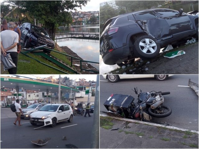 Salvador: Acidente entre carros e moto tem ferido e veculo quase caindo no Dique do Toror