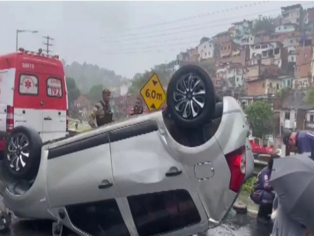 Mulher fica ferida aps veculo capotar na BR-324