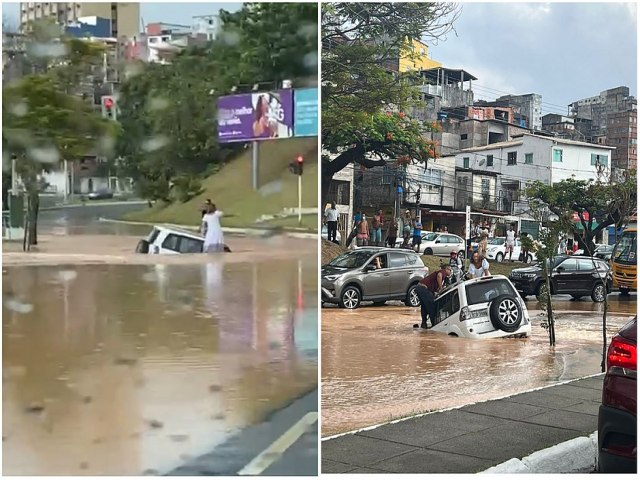 SALVADOR: Carro afunda aps rompimento de adutora casal conseguiu sair pela janela, veja vdeo