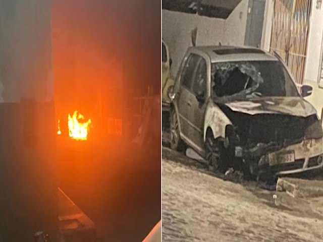 Corpo de Bombeiros apaga fogo em carro no Bairro do Leader em Jacobina