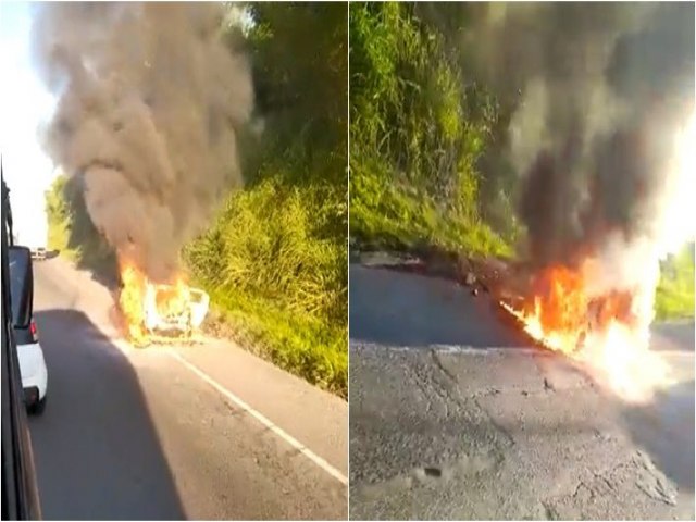 Carro de prefeitura baiana que transportava pacientes pega fogo na BR-324, veja vdeo