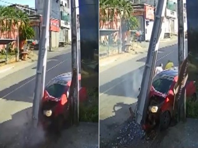 Homens escapam de incndio aps carro bater em poste em Salvador