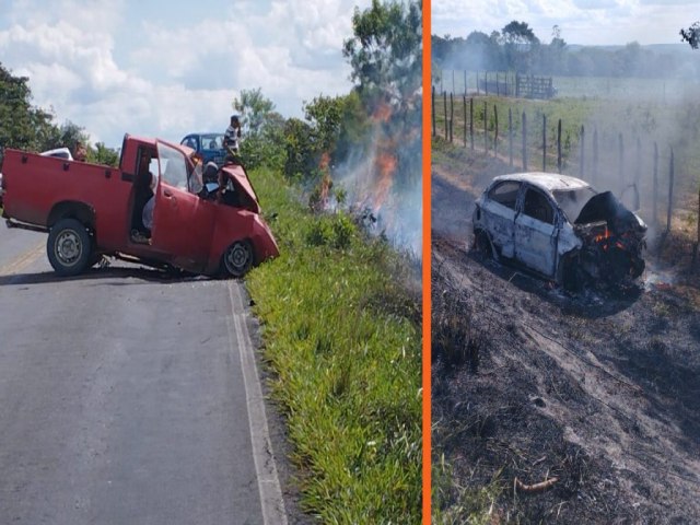 Grave acidente na BA-131 deixa uma pessoa morta e carro em chamas em Piritiba