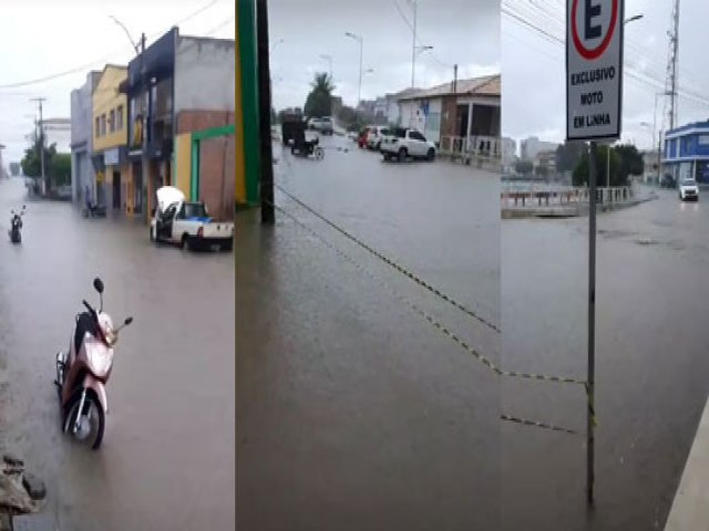 Chuvas fortes deixam ruas e estradas de Santaluz alagadas nesta tera-feira