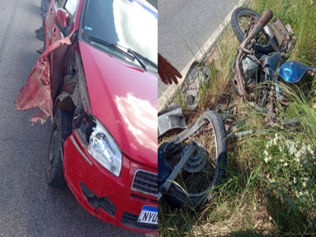 Moto fica destruda aps coliso com carro na BA-120 em Santaluz; condutor sofre ferimentos leves