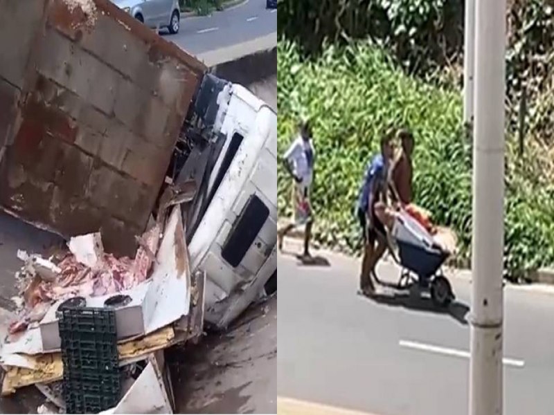 Populao disputa carne que estava em caminho, aps acidente que deixou um morto em Salvador