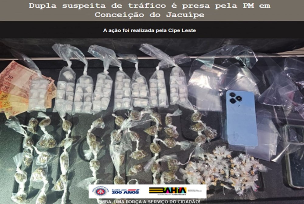 Dupla suspeita de tr�fico � presa pela PM em Concei��o do Jacu�pe