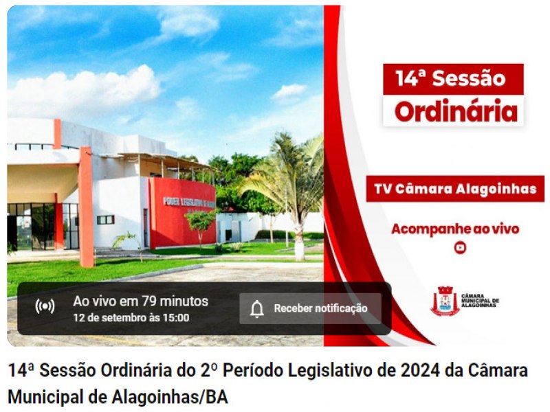 Assista nesta quinta-feira (12), a partir das 15h, a sesso ordinria da Cmara Municipal de Alagoinhas clicando no link abaixo: