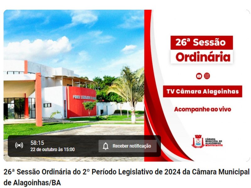 Assista ao vivo a 26 Sesso Ordinria da Cmara Municipal de Alagoinhas/BA