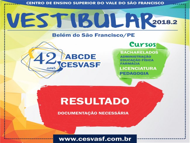 SAIU O RESULTADO DO VESTIBULAR CESVASF 2018.2.