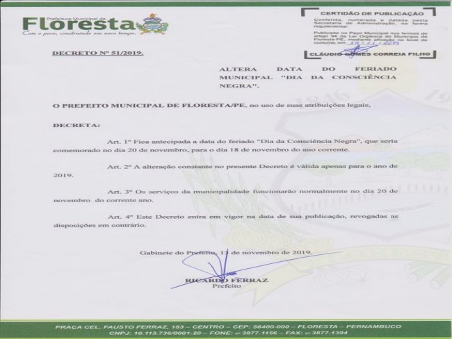 Prefeitura de Floresta/PE DECRETO N 51/2019