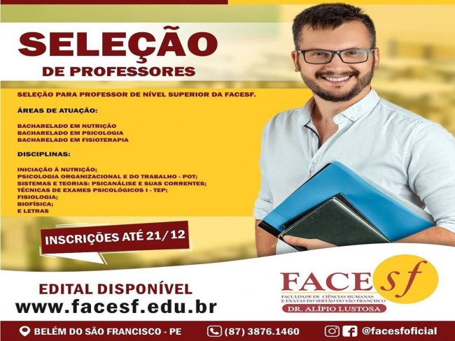 Emprego Professor Acesse o edital atravs do site www.facesf.edu.br