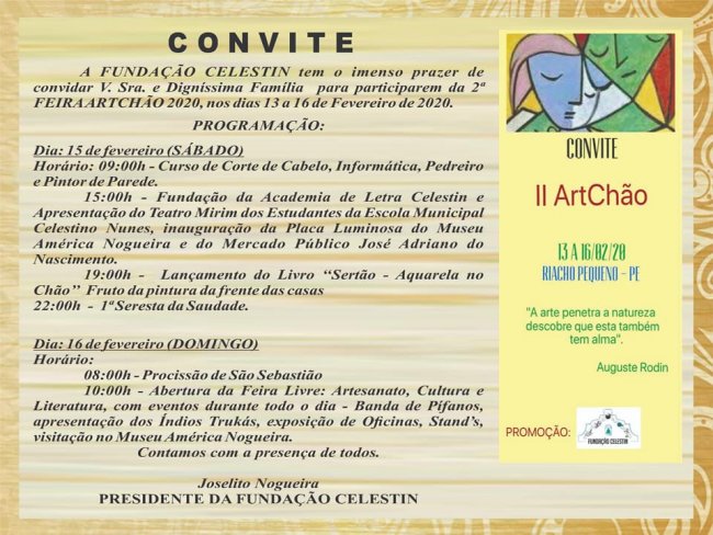 A Fundao Celestin de Riacho Pequeno,convida a toda populao belemita para participarem da segunda feira de artesanato, literatura e cultura ARTCHAO 2020 