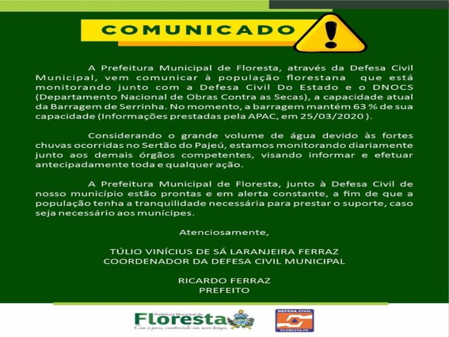 Prefeitura de Floresta/PE de emite comunicado acerca da Barragem de Serrinha