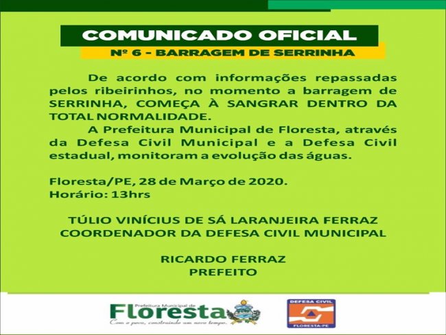 ?Barragem de Serrinha comea a sangrar?, diz Defesa Civil de Floresta-PE