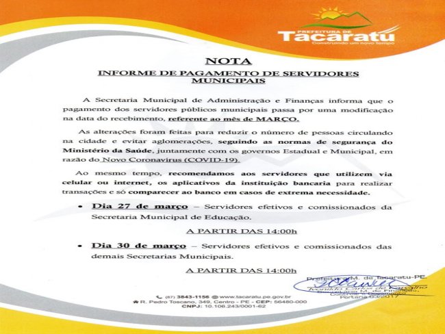 Comunicado da Prefeitura de Tacaratu-PE