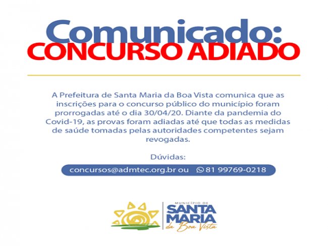 Prefeitura de Santa Maria da Boa Vista prorroga inscries de concurso pblico at o dia 30 de abril