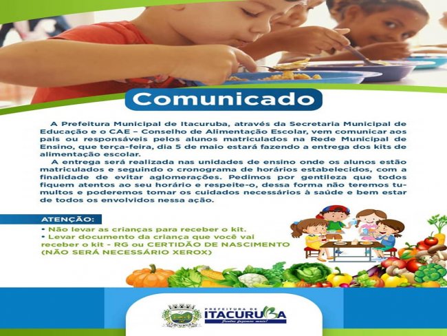 Prefeitura de Itacuruba divulga calendrio de distribuio dos kits da alimentao escolar