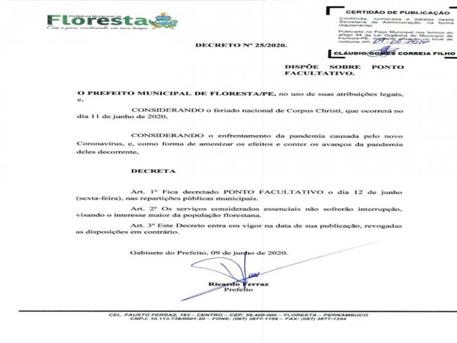 Prefeitura Municipal de Floresta decreta ponto facultativo na sexta-feira (12).
