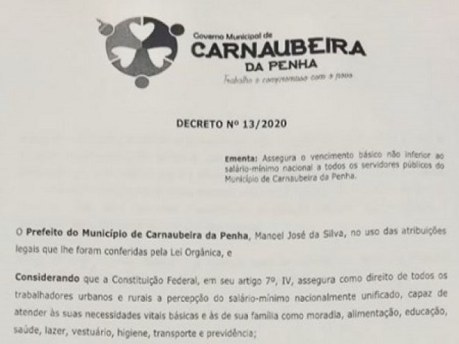Prefeito de Carnaubeira da Penha publica decreto que assegura vencimentos no inferiores ao salrio mnimo aos servidores