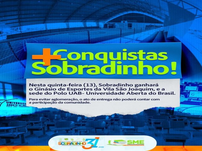 Sobradinho: Prefeito Luiz Vicente Berti inaugura Quadra de Esportes e Polo UAB nesta quinta-feira (13