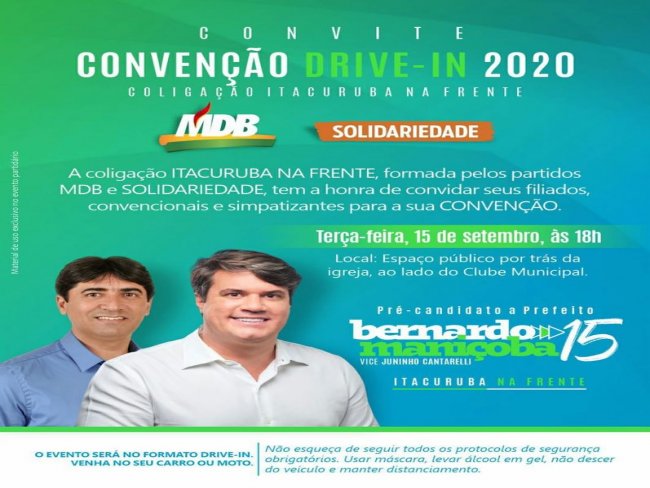Convite de Bernardo Manioba candidato a prefeito e Juninho Cantareli  a vice em Itacuruba-PE