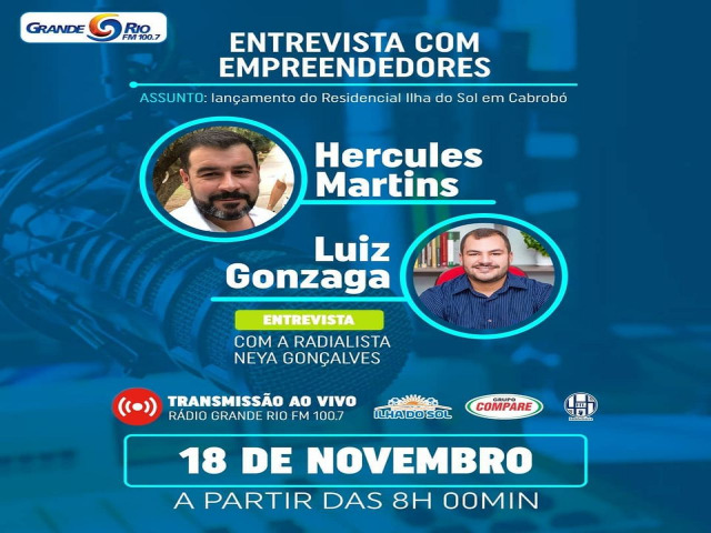 Os Empresrios  Hercules Martins e Luiz Gonzaga sero os Entrevistados No Nossa Voz da 100,7 nesta quarta-feira.Grande Rio FM Cabrob-PE