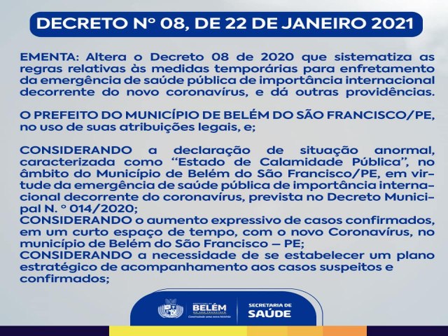 Prefeitura de Belm do So Francisco-PE estabelece novas medidas temporrias para conter a disseminao do coronavrus