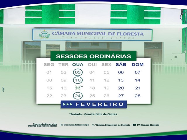 Cmara Municipal divulga calendrio das sesses ordinrias do ms em Floresta, PE