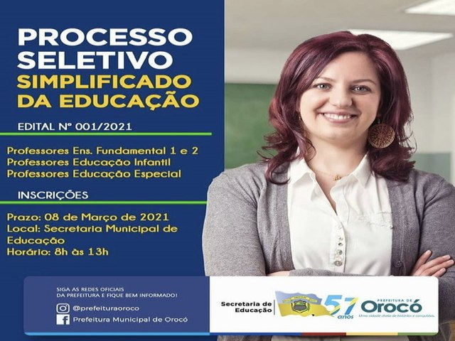 Secretaria de Educao de Oroc lana edital de Processo Seletivo Simplificado para contratao temporria de Professores