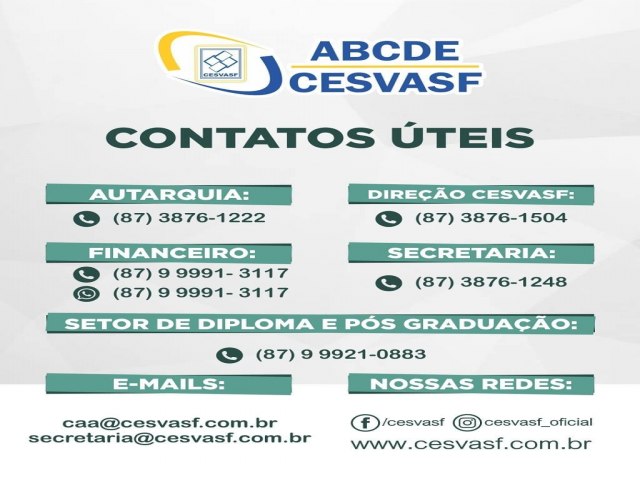 Cesvasf Atualiza os principais contatos teis da instituio. 