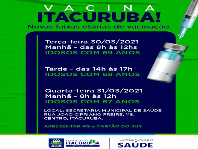 Prefeitura de Itacuruba inicia novas faixas etrias. Novas doses de esperana para nosso povo. Vacina Itacuruba!