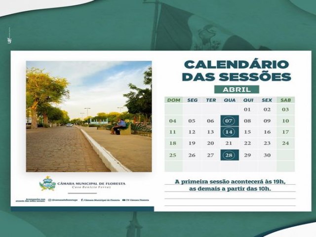 A Cmara Municipal de Floresta, por meio do seu Presidente Esequiel Rodrigues de Aquino (Kiel do Pipa), divulga calendrio 🗓 das Sesses Ordinrias para o ms de abril de 2021. 