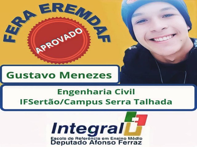 O jovem florestano Gustavo Menezes passa em 1 Lugar no Curso de Engenharia Civil IF Serto/Serra Talhada 