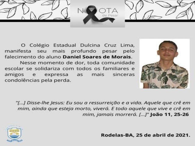 Escola emite nota de pesar por morte de Aluno Daniel Soares