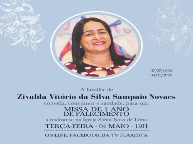 Convite para missa de 1 ano de falecimento da Senhora Zivalda Vitrio da S S Novaes