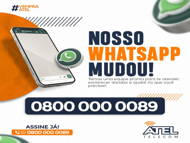 ATEL TELECOM Voc pode ligar, ou chamar no WhatsApp. 0800 000 0089 